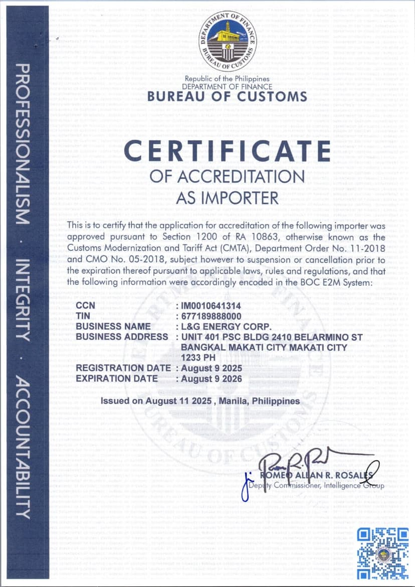 BOC Certificate of Accreditation as Importer